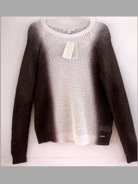 NWT Michael Kors Brown ombre sweater L Long $150 Cotton bl Open knit Layer Beige